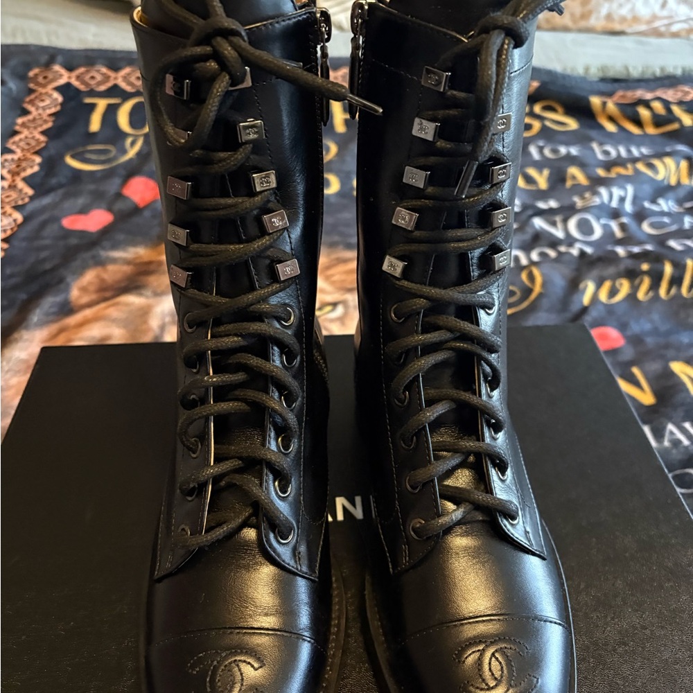 CHANEL Black Leather Combat Boots - Picture 2 of 7